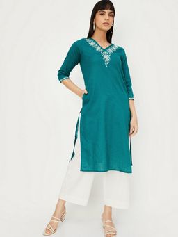 max - Women Embroidered Straight Teal Kurta