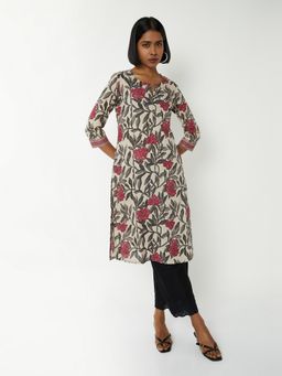 max - Women Beige Cotton Blend Floral Printed Straight Kurta