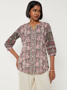 max - Grey Women Floral Print Notch Neck Kurti