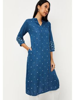 max - Women Cotton Printed Indigo Band Collar Kurta