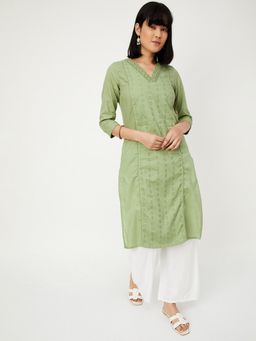 max - Women Green Schiffli Straight Kurta