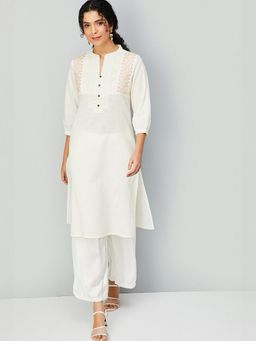 max - Women Off White Cotton Embroidered Straight Kurta