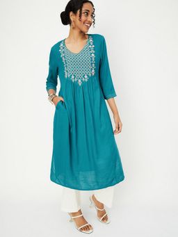 max - Women Embroidered Teal Yoke Straight Kurta