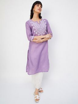 max - Purple Women Chikankari Embroidered Straight Kurta