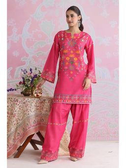 HOUSE OF KARI - Women Pink Cotton Blend Floral Kurta with Palazzo
