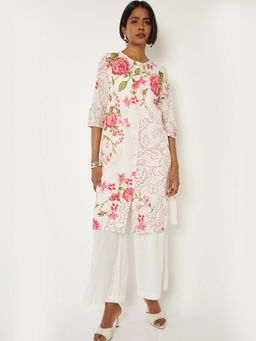 max - Women White Cotton Blend Floral Printed Straight Kurta