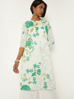 max - Women Green Cotton Blend Floral Printed Straight Kurta