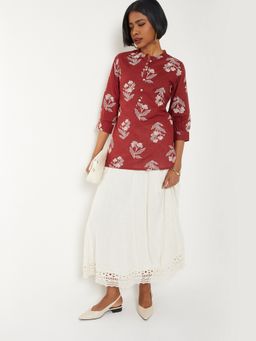 max - Women Orange Cotton Blend Floral Printed Straight Kurti