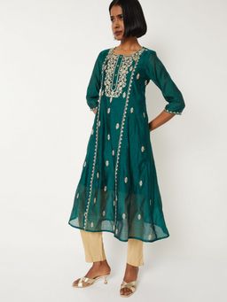 max - Women Green Polyester Blend Embroidered A-Line Kurta