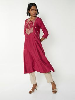 max - Women Embroidered A-line Red Kurta