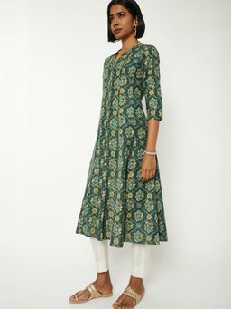 max - Women Green Chanderi Floral Printed A-Line Kurta