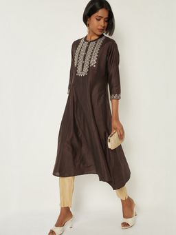 max - Women Brown Polyester Blend Embroidered A-Line Kurta