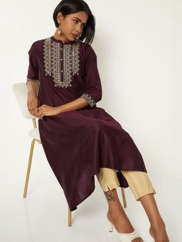max - Women Burgundy Polyester Blend Embroidered A-Line Kurta