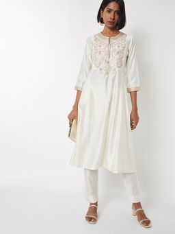 max - Women Embroidered Off White A-line Kurta