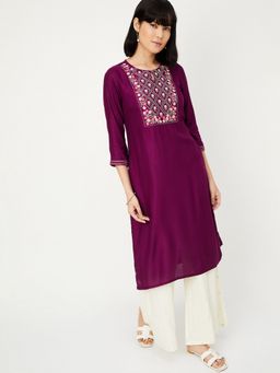 max - Women Embroidered Yoke Purple Straight Kurta