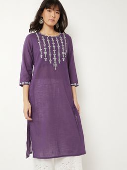 max - Women Purple Cotton Blend Embroidered Straight Kurta
