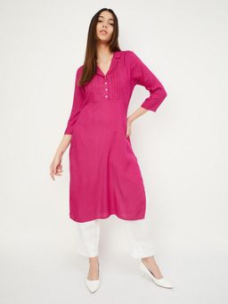 max - Women Pintuck Yoke Pink Notched Collar Kurta