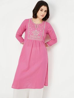 max - Women Embroidered Straight Pink Kurta