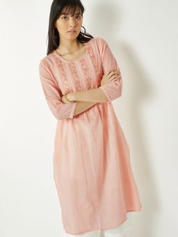 max - Women Peach Cotton Blend Embroidered Straight Kurta