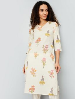 max - Women Printed Off White Straight Kurta