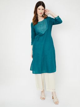 max - Women Embroidered Yoke Straight Teal Kurta