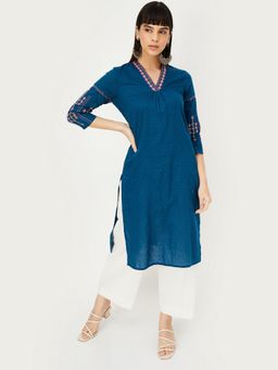 max - Women Embroidered Blue Straight Kurta