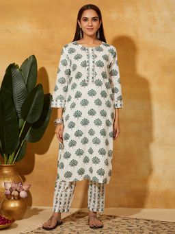 Meeta's - Women White Cotton Abstract Kurta with Pant