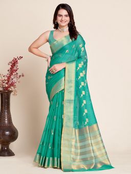 AMRUTKALA SAREES - Women Green Cotton Woven Saree with Unstitched Blouse