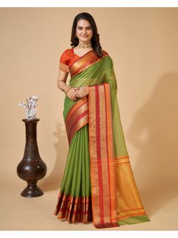 AMRUTKALA SAREES - Women Green Cotton Woven Saree with Unstitched Blouse