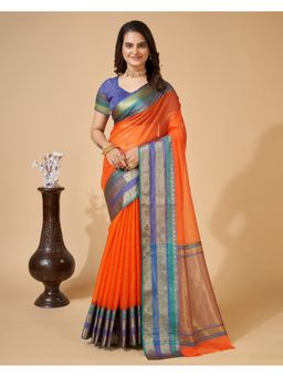 AMRUTKALA SAREES - Women Orange Cotton Woven Saree with Unstitched Blouse