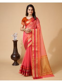 AMRUTKALA SAREES - Women Pink Cotton Woven Saree with Unstitched Blouse