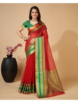 AMRUTKALA SAREES - Women Red Cotton Woven Saree with Unstitched Blouse