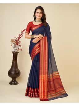 AMRUTKALA SAREES - Women Navy Blue Cotton Woven Saree with Unstitched Blouse