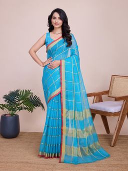 AMRUTKALA SAREES - Women Blue Cotton Woven Saree with Unstitched Blouse