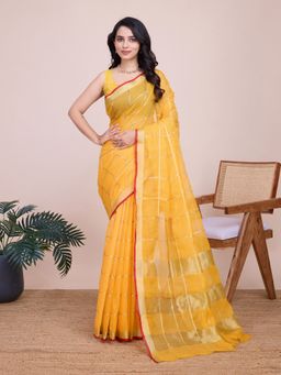 AMRUTKALA SAREES - Women Yellow Cotton Woven Saree with Unstitched Blouse