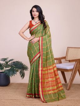 AMRUTKALA SAREES - Women Green Cotton Woven Saree with Unstitched Blouse