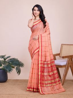 AMRUTKALA SAREES - Women Peach Cotton Woven Saree with Unstitched Blouse
