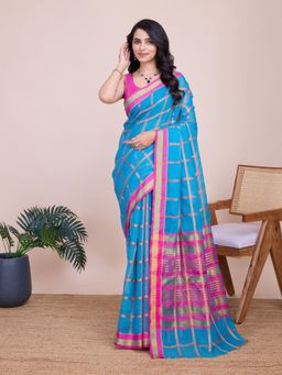 AMRUTKALA SAREES - Women Blue Cotton Woven Saree with Unstitched Blouse