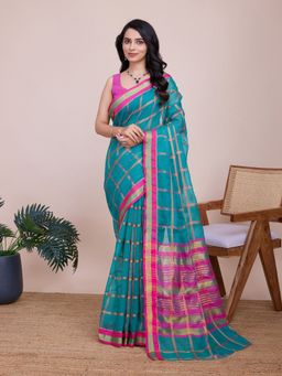 AMRUTKALA SAREES - Women Teal Cotton Woven Saree with Unstitched Blouse