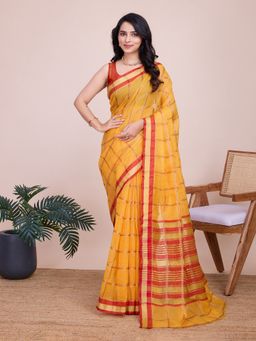 AMRUTKALA SAREES - Women Yellow Cotton Woven Saree with Unstitched Blouse