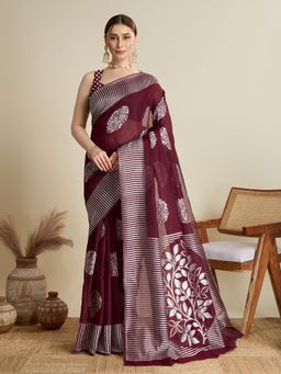 AMRUTKALA SAREES - Women Maroon Cotton Woven Saree with Unstitched Blouse