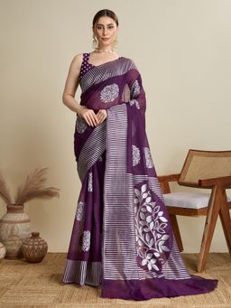 AMRUTKALA SAREES - Women Purple Cotton Woven Saree with Unstitched Blouse