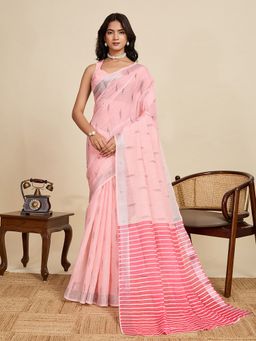 AMRUTKALA SAREES - Women Pink Cotton Stripes Saree with Unstitched Blouse