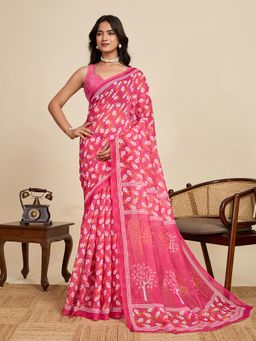 AMRUTKALA SAREES - Women Pink Cotton Printed Saree with Unstitched Blouse