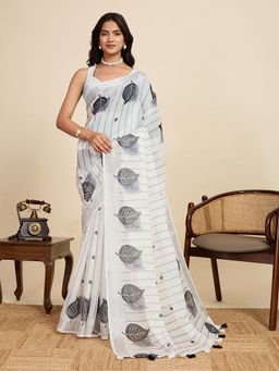 AMRUTKALA SAREES - Women White Cotton Floral Saree with Unstitched Blouse
