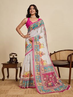 AMRUTKALA SAREES - Women White Cotton Printed Saree with Unstitched Blouse