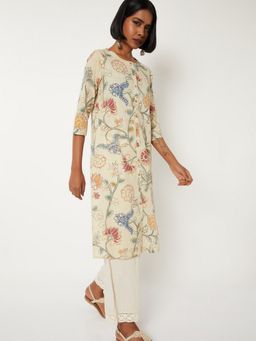max - Women Off White Cotton Blend Floral Printed Straight Kurta