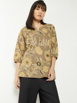 max - Women Brown Cambric Floral Printed Straight Kurti