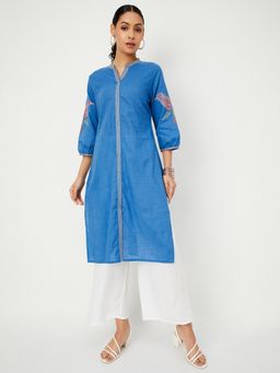 max - Women Embroidered Straight Blue Kurta