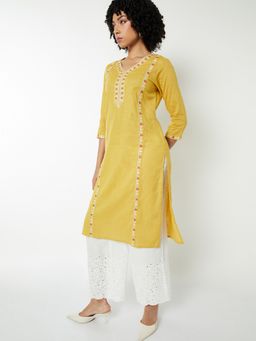 max - Women Yellow Cotton Blend Embroidered Straight Kurta